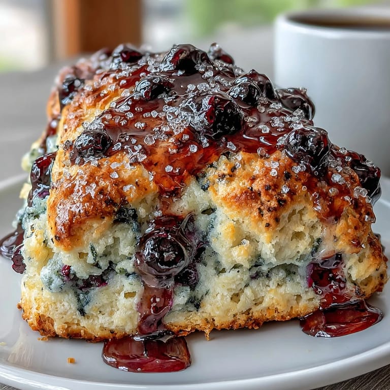 Warm scones bursting with juicy blueberries, drizzled with tangy lemon icing, served alongside a steaming cup of coffee on a cozy morning table.