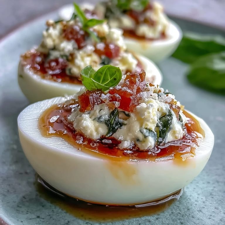 Irresistibly creamy Caprese Deviled Eggs brightened with fresh basil oil and juicy tomatoes.