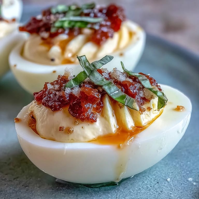 Gourmet Caprese Deviled Eggs, a beautiful Italian appetizer with fresh mozzarella and basil.