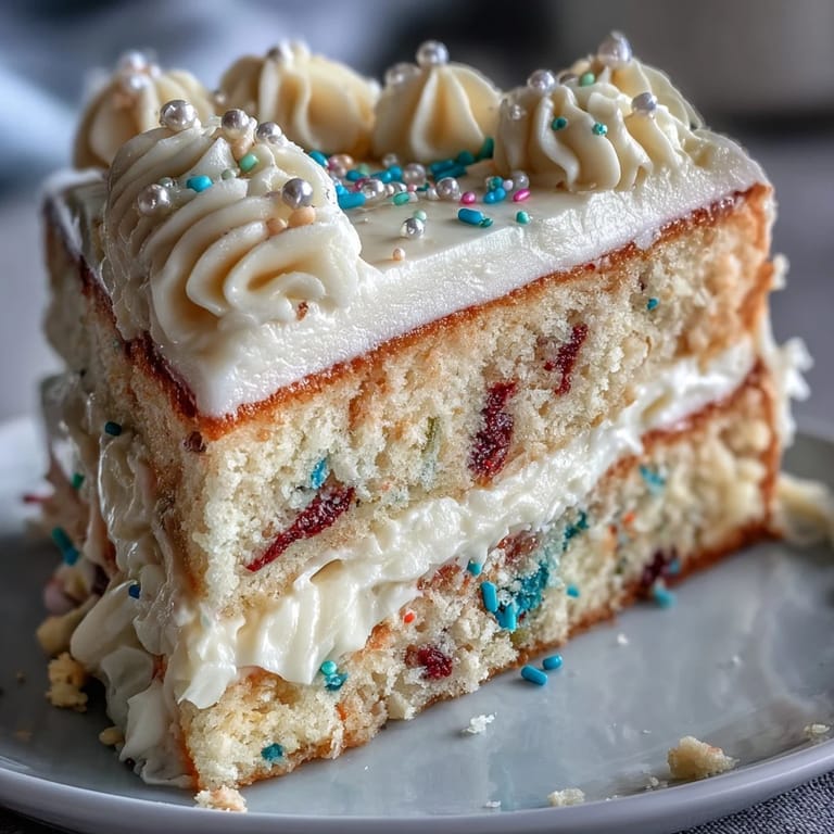 Bright, celebratory Class of 2026 Confetti Cake topped with creamy champagne frosting.