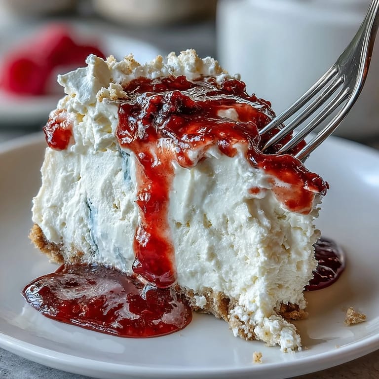 Creamy Mother's Day no-bake cheesecake topped with a ruby-red raspberry drizzle.
