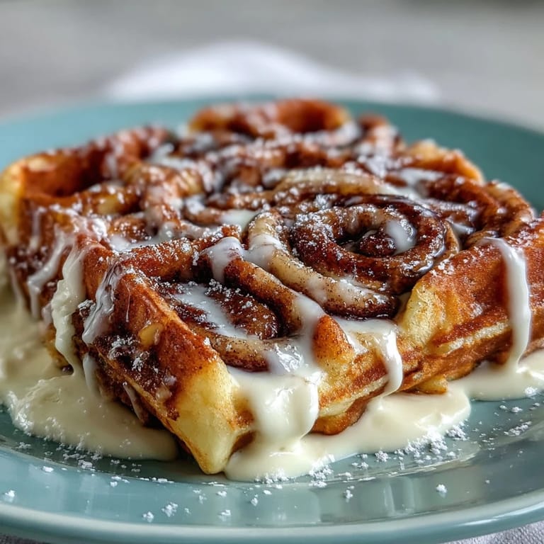 Fluffy waffles infused with cinnamon sugar, topped with a rich vanilla cream cheese glaze, ideal for indulgent brunch mornings.