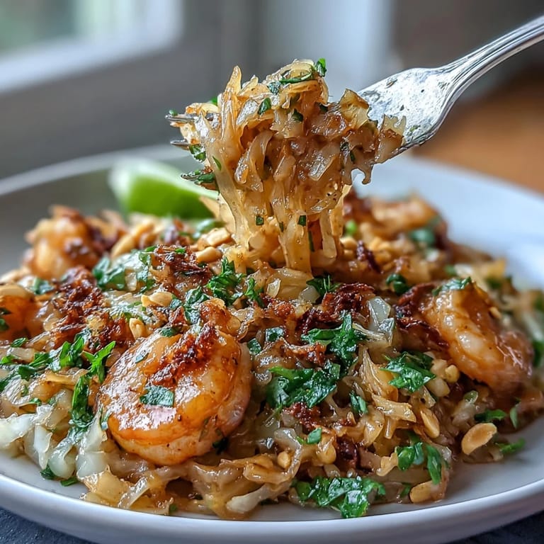 Crispy stir-fried cabbage replaces noodles in this vibrant Cabbage Pad Thai, tossed with savory-sweet sauce, scrambled egg, and topped with roasted peanuts.