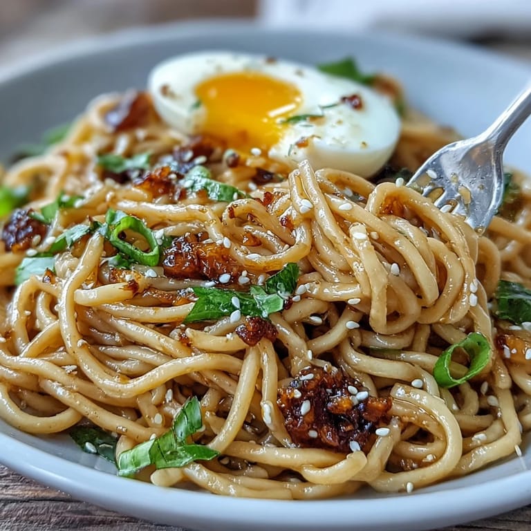 Creamy garlic butter ramen infused with soy and brown sugar, garnished with sesame seeds and sliced green onions for a savory umami kick.
