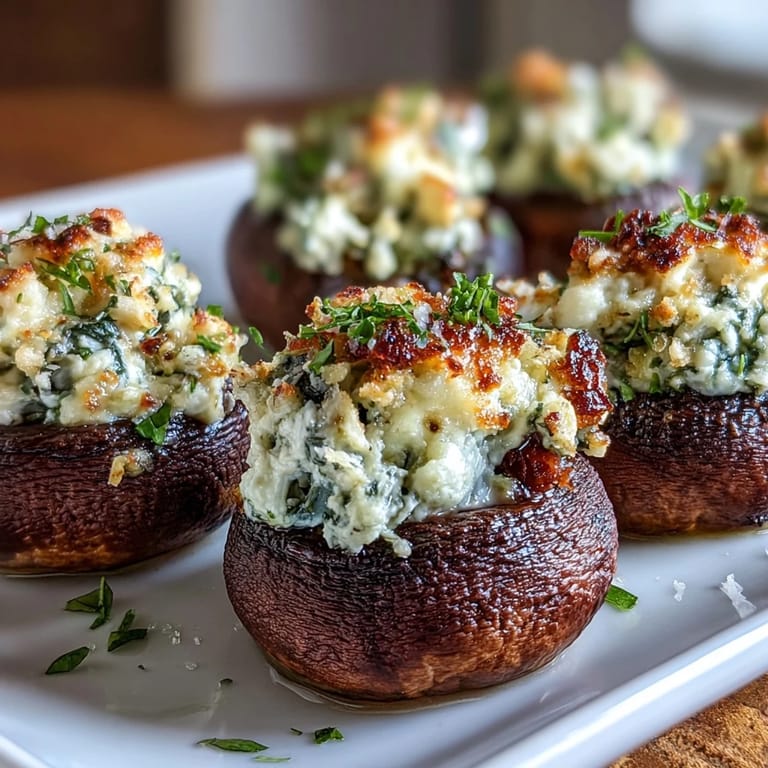 Savory vegetarian appetizer featuring mushrooms filled with herbed ricotta and spinach, perfect for entertaining.