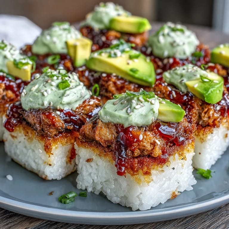 Delectable Spicy Tuna Crispy Rice Bites appetizer, finished with spicy mayo drizzle.