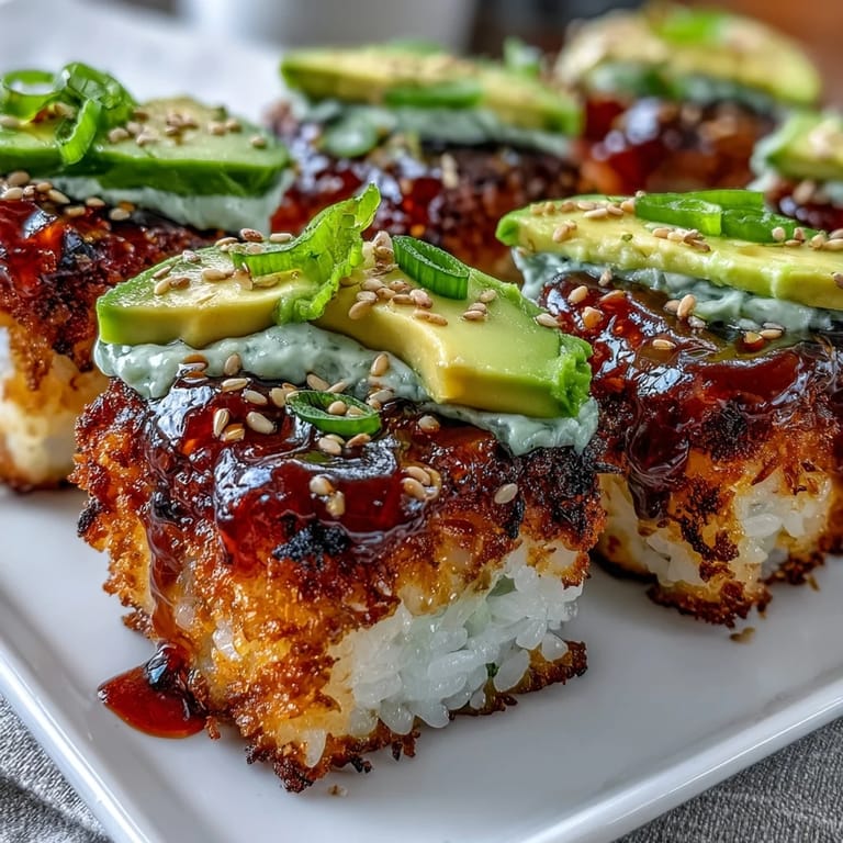 Crispy rice bites topped with spicy tuna and creamy avocado, ready to enjoy.