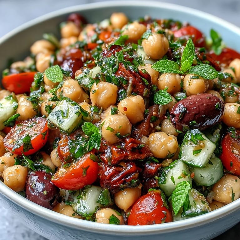 Fresh Mediterranean Chickpea Salad with herbs, ready to be enjoyed as a healthy lunch.