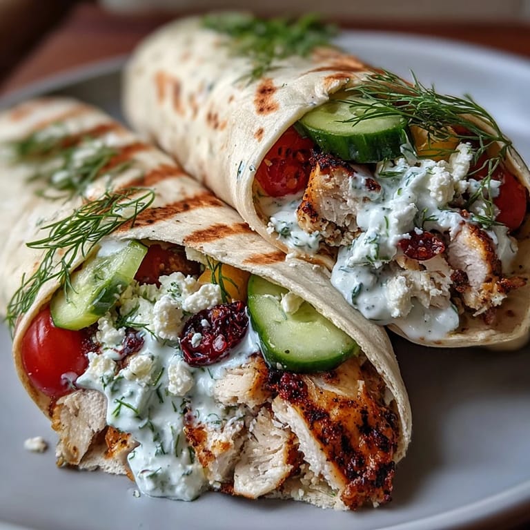Juicy grilled chicken wraps featuring tangy tzatziki and crisp veggies ready to eat.