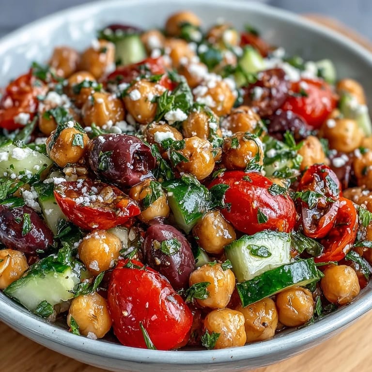 Vibrant Mediterranean Chickpea Salad tossed with olives and feta, a refreshing side.