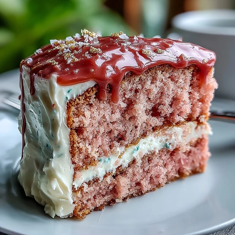 Decadent rosé velvet cake with a luscious cream cheese frosting and striking edible gold accent.