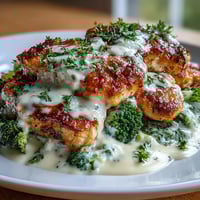 A creamy, low-carb chicken Alfredo served over steamed broccoli florets, topped with rich Parmesan sauce and fresh parsley.  