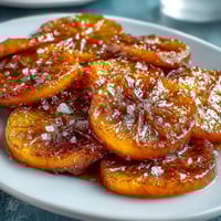 Glistening candied orange segments in golden syrup, ideal for elevating cakes, tarts, or ice cream desserts.