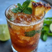 Refreshing pineapple ginger fizz in a tall glass, garnished with lime slices and mint leaves.  