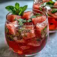 A tall glass of watermelon mint infused water with fresh mint leaves and juicy watermelon cubes, perfect for a refreshing summer brunch.
