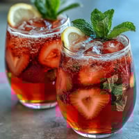 A refreshing sparkling strawberry mocktail with fresh fruit, citrus, and mint garnish in chilled glasses.