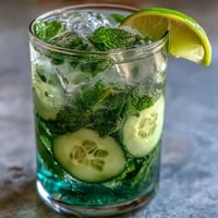 A tall glass filled with sparkling cucumber mint refresher, garnished with lime and fresh mint leaves, offering a crisp, cooling sip.