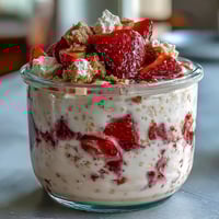 Creamy overnight oats with cottage cheese and fresh strawberries layered in a jar for a healthy, cheesecake-inspired breakfast.