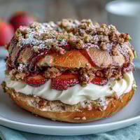 Strawberry cheesecake protein bagels with crumble topping, baked golden and topped with creamy cheesecake filling and fresh strawberries.