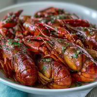 A steaming pot of Cajun crawfish boil with corn and potatoes, seasoned with bold spices and fresh lemon.