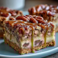 Kentucky Derby Pecan Pie Bars with Brown Sugar Crust: golden pecan filling atop a buttery brown sugar shortbread base, cut into neat squares for easy serving.