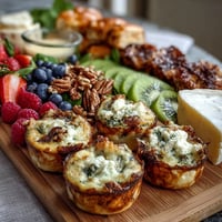 Festive Mothers Day brunch board with mini quiches, fresh fruit, cheeses, and pastries, perfect for a celebratory spread.