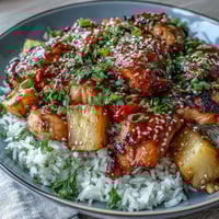 Pineapple Chicken and Rice Bake with Teriyaki Glaze in a golden-baked casserole, featuring juicy chicken, sweet pineapple, and fluffy rice under a glossy teriyaki drizzle.