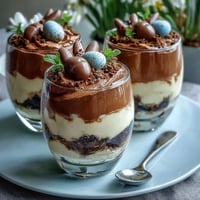 Easter Bunny Dirt Cups with Chocolate Pudding and Oreos - creamy chocolate pudding layered with crushed Oreos, topped with bunny candies and pastel sprinkles for a festive spring treat.