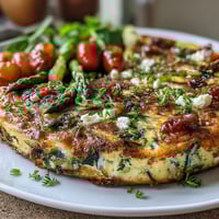 Healthy Easy Spring Veggie Frittata with fresh asparagus, spinach, and feta, baked until golden and fluffy for a protein-packed breakfast.