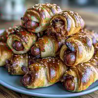 Mini baseball hot dogs wrapped in golden crescent roll dough, perfect for game day snacking with mustard and ketchup.