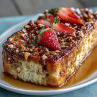 Spring brunch strawberry French toast bake with golden brioche, fresh strawberries, and crunchy almond topping, baked to perfection.