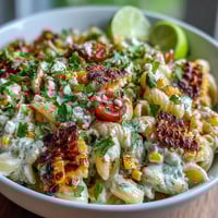 Vibrant Elote Pasta Salad with Cotija, chili, and lime, featuring charred corn and creamy dressing on a colorful platter.  