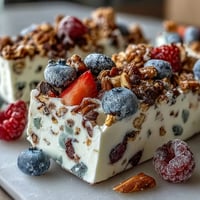 Frozen yogurt bark with berries and granola, a vibrant, healthy treat bursting with juicy fruit and crunchy oats.