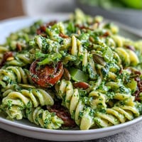 Fresh green goddess pasta salad with creamy avocado dressing, cherry tomatoes, cucumber, and spinach, perfect for a light lunch.  