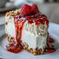 Luscious no-bake cheesecake with bright raspberry coulis, perfect for Mother's Day.