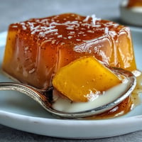 Delicious mango agar-agar jelly cubes layered with creamy coconut milk.