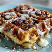 Warm cinnamon roll waffles with a golden swirl and creamy vanilla cream cheese glaze, perfect for a cozy breakfast treat.