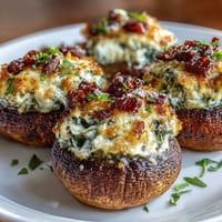 Creamy spinach ricotta filling nestled inside tender baked mushroom caps, garnished with fresh herbs.  