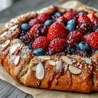 Golden Summer Berry Galette with almond crust, showcasing juicy berries and crisp pastry.