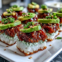 Viral Spicy Tuna Crispy Rice Bites appetizer, vibrant with red tuna and green avocado.