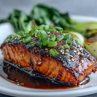 Miso Glazed Salmon with Sesame Bok Choy, perfectly caramelized and tender.