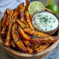 Golden air fryer sweet potato fries with creamy chipotle aioli for dipping.