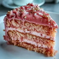 Elegant pink velvet cake, lightly kissed with rosé, topped with creamy frosting and gold.